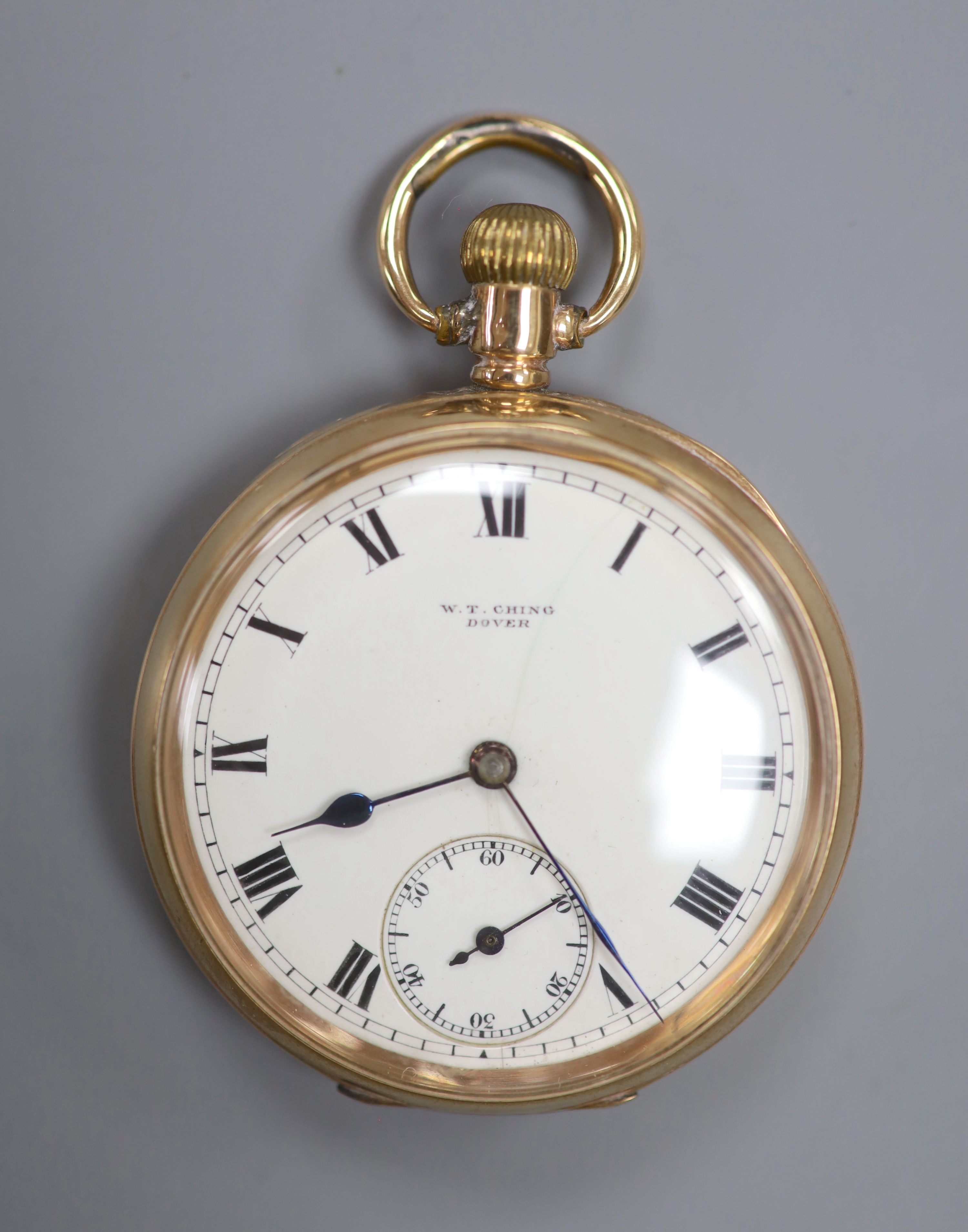 A George V 9ct gold open face keyless lever pocket watch, retailed by T. Ching, Dover, case diameter 48mm, gross 74 grams.